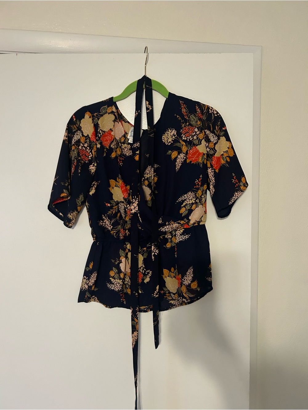 Blue Rain Navy Floral Tie-Waist Blouse with V-Neck